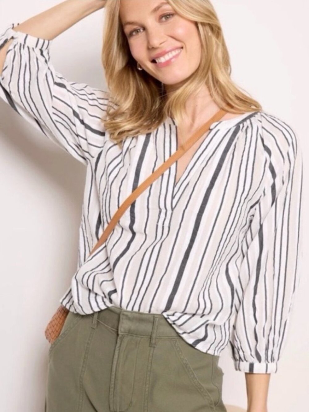 EVEREVE Wendy Black White Stripe Gauzy Cotton Blouse Top Small Preppy Summer